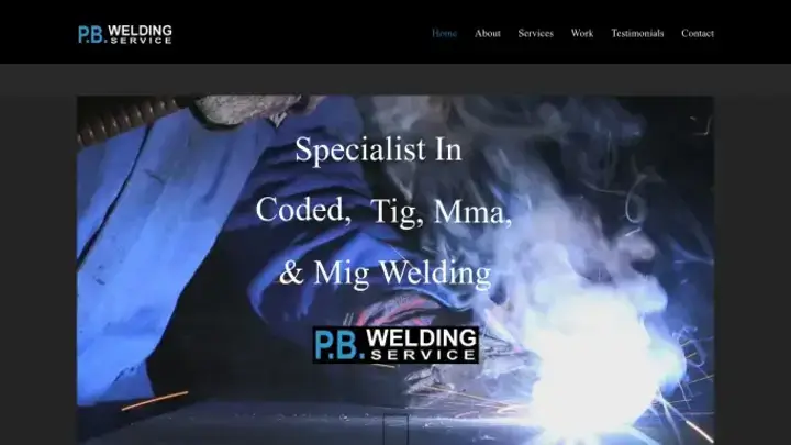 Welder in blue protective gear performing TIG welding, representing P.B. Welding Service, specialists in coded, TIG, MMA, and MIG welding.